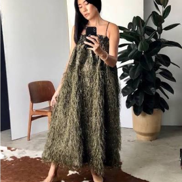 GANNI FAUX FEATHER METALLIC BROCADE DRESS - Picture 2 of 3